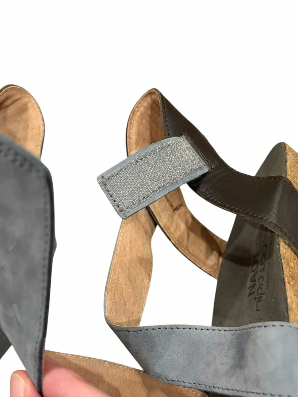 Naot Vixen Suede Leather Low Wedge Sandals Nude Feather Blue ab size 40 US9-9.5